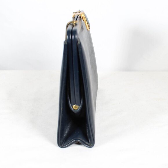 Vintage 1950s Navy Faux Leather Handbag with Art Deco Latch & Metal Chain - Picture 10 of 16